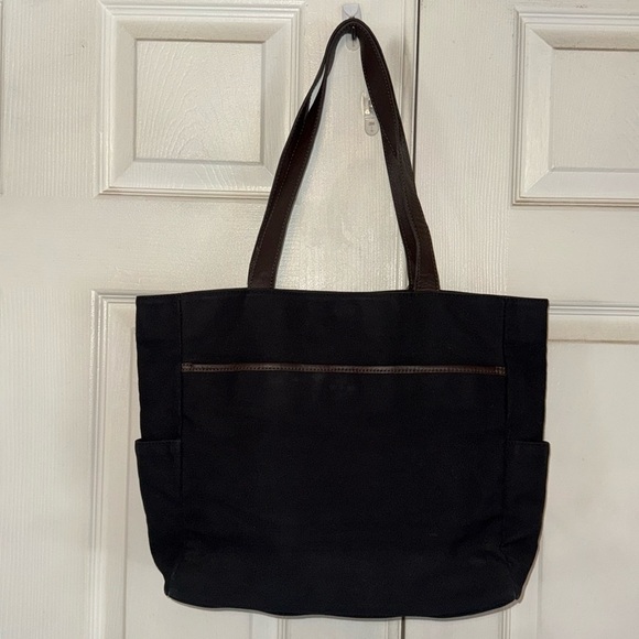 Levenger Black Canvas Tote With Brown Leather Trim - Picture 1 of 12